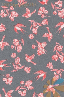 Розовые цветы и птицы на сером Розовые цветы и птицы на сером